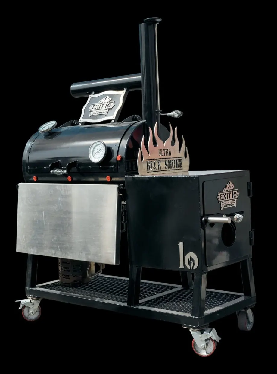 The Exit 10 Ultra Blue Smoke powder-coated reverse flow pit smoker, hand-made in the UAE