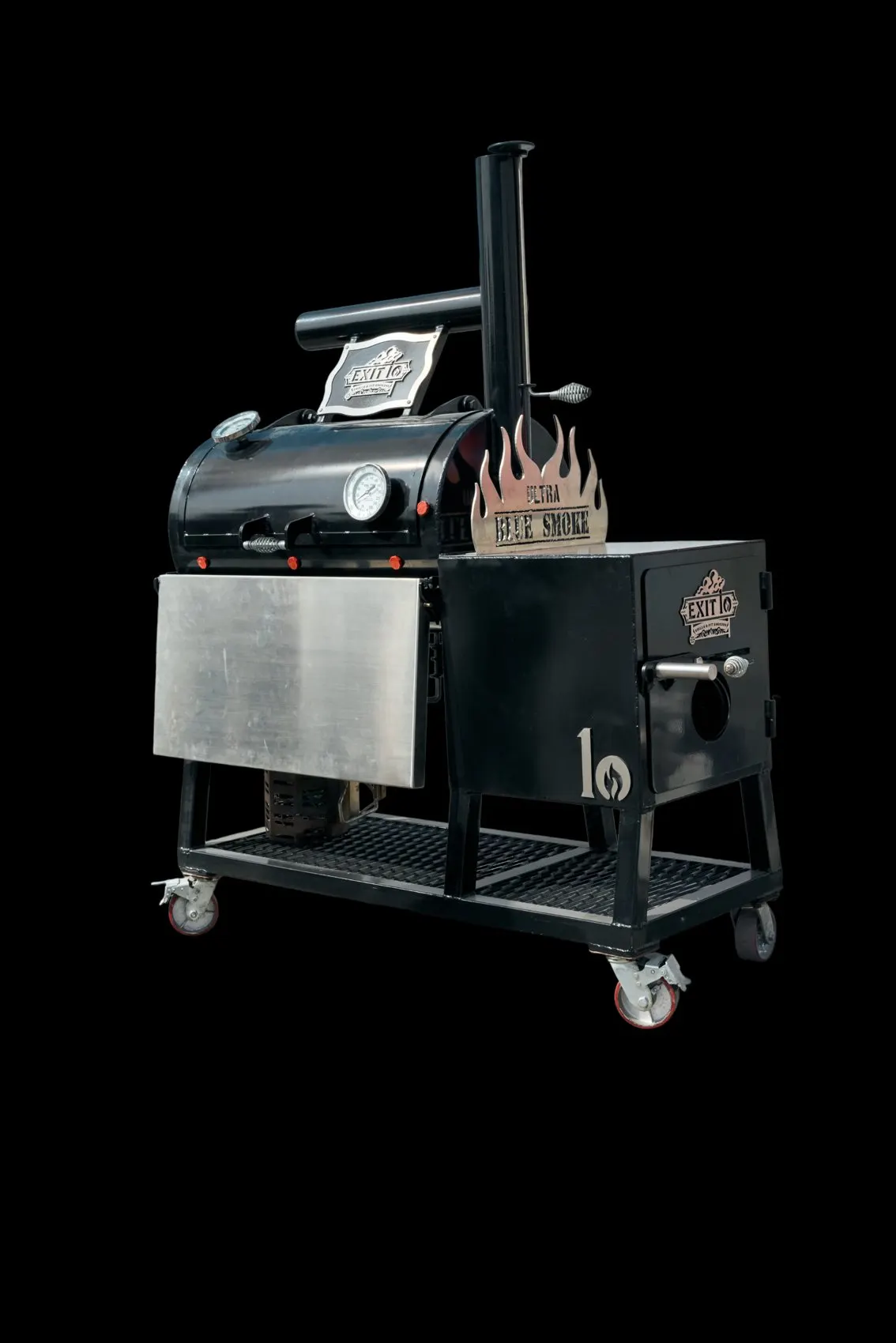 The Ultra Blue Smoke powder-coated reverse flow offset pit smoker, hand-made in the UAE